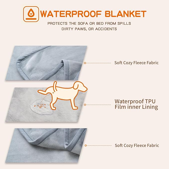CAPT.SNOOZE Waterproof Dog Blankets Light Grey, 30"x40" Cat Blanket for Indoor Cats, Soft Fluffy Sofa Car Bed Protector, Reversible Leakproof Flannel Puppy Blanket for Small Medium Dogs