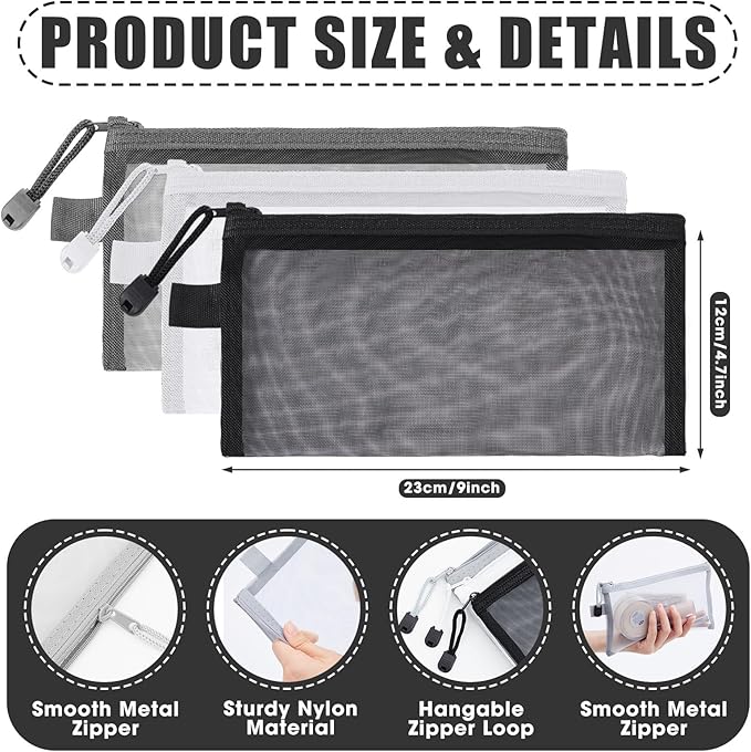 Leelosp 80 Pcs Mesh Zipper Pouch Bulk Back to School Pencil Storage Pouch Mesh Cosmetics Bags Toiletry Makeup Bags for Office Travel Organization(Black, Gray, White,9 x 4.7 Inch)