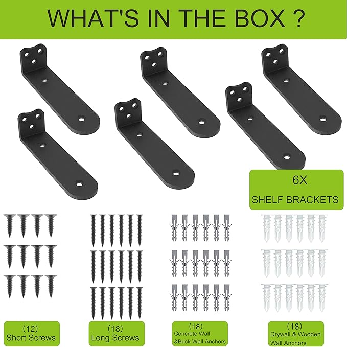 Floating Shelf Bracket, 6 Inch 6PACK Black Heavy Duty Shelf Bracket,Hidden Shelf Brackets 1/5 in Thick,L Brackets Support for Shelves,Suitable for Kitchen, Study Or DIY,Holds Over 160lb+