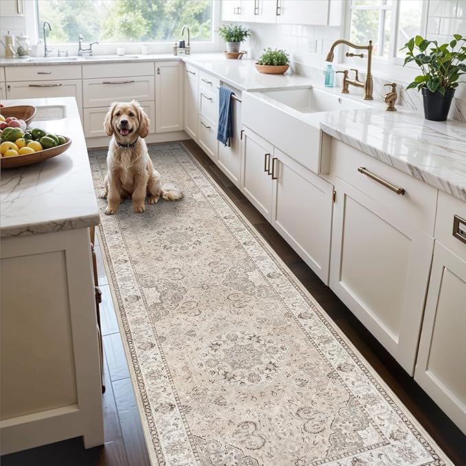 Hallway Washable Runner Rug - 2x10 Kitchen Rugs Entryway Rug Runner Vintage Soft Floor Mat Non Slip Indoor Farmhouse Carpet for Bathroom Living Room Bedroom (2 X 10, Beige)