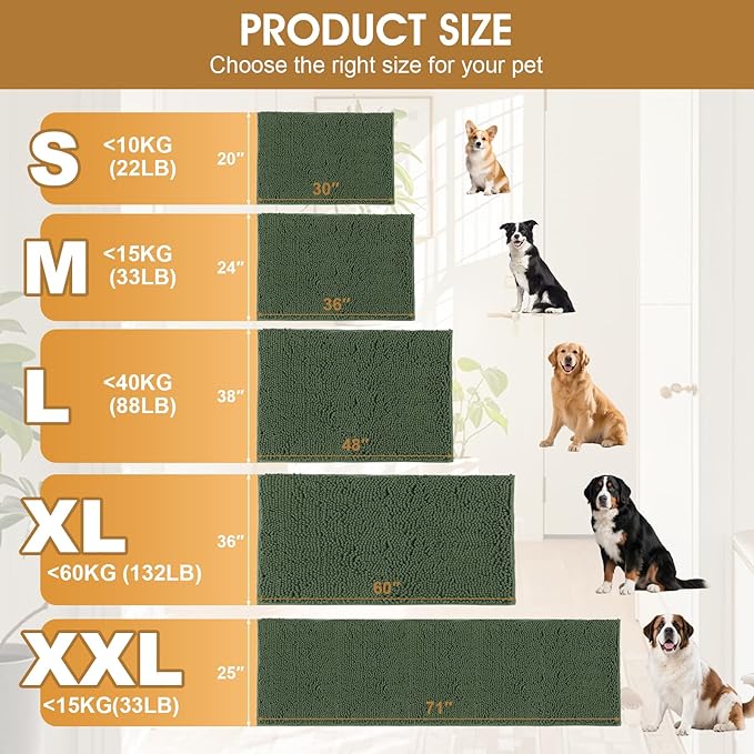 IM HOME Extra Large Dog Door Mats for Muddy Paws, 71" x 25" Christmas Chenille Absorbent Mud Mat for Dogs, Non Slip Heavy Dog Rugs for Muddy Paws, Soft Indoor Door Mat for Entryway, Mud Paw, Olive