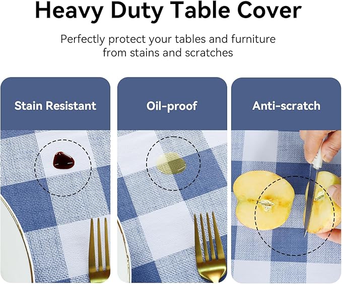 Romanstile Gingham Square Plastic Tablecloth, 100% Waterproof Checkered PVC Table Cloth, Heavy Duty Vinyl Table Cover for Dining, Camping, Picnic, Outdoor - 54 x 54 Inch, Light Blue and White