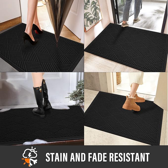 Sturdy Front Door Mat, Absorbent Muddy Dirt Resist Welcome Door Mats Outdoor Indoor, Stain and Fade Resistant, Non-Slip Rubber Backing Low Profile Doormat for Entryway, 60×36, Black