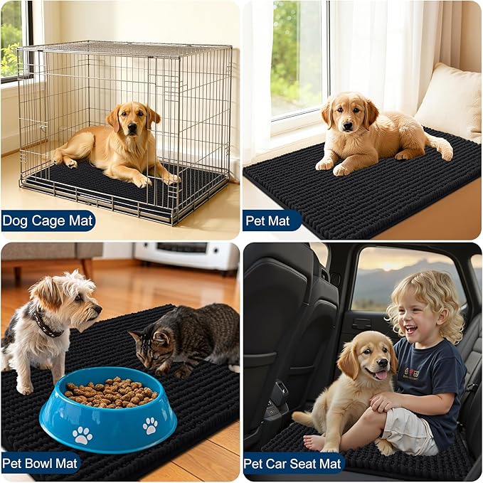 OLANLY Dog Door Mat for Muddy Paws 47x24, Ultra Absorbent Chenille Mud Doormat, Non-Slip Washable and Dirt Trapping Doormat for Indoor Entryway, Quick-Dry Indoor Pet Bed Mats for Dogs, Black