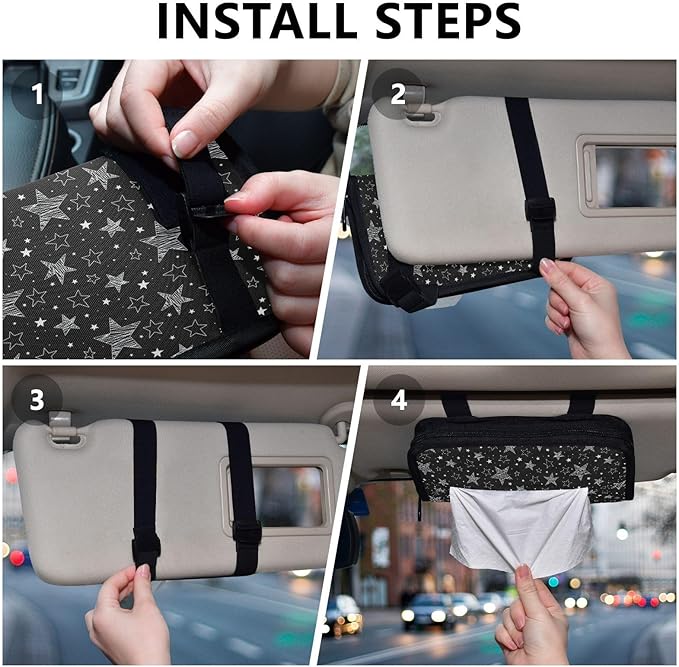 Car Tissue Holder Car Napkin Holder Car Tissue Box Dispenser Storage Case Sun Visor Mask Holder with Adjustable Straps Reusable Refillable Sliver Stars Black