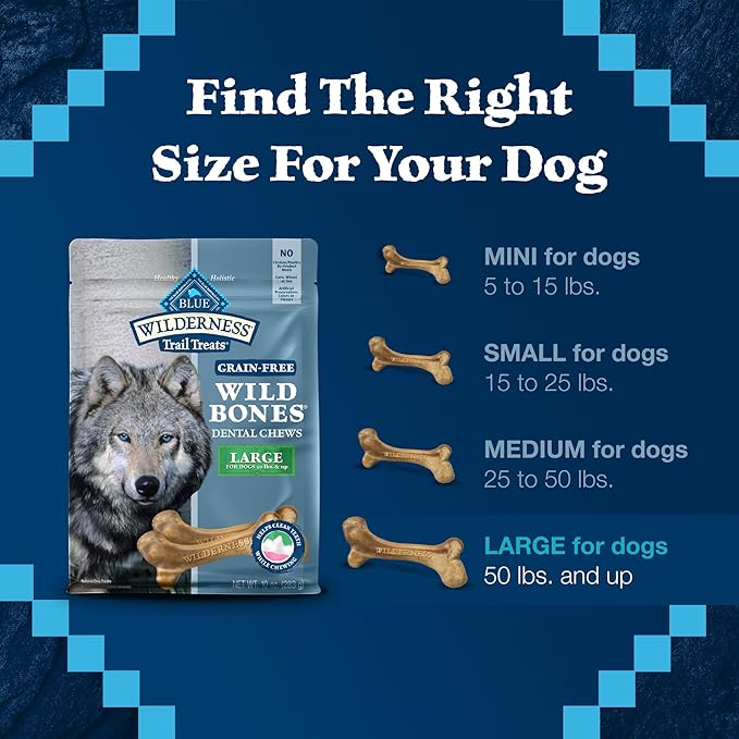 Blue Buffalo Wilderness Trail Treats Wild Bones Large Dental Chews, Grain-Free Dog Bones For Large Dogs Made with Natural Ingredients, 10-oz Bag
