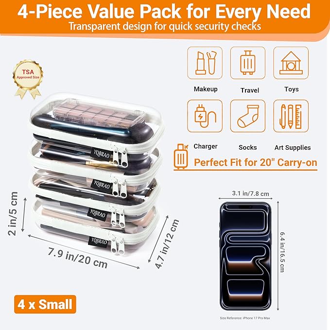 YQBRAO 4-Pack Clear Hard Shell Zipper Case, 1.2mm Ultra-Thick Diaper Bag Organizer Pouches, Rigid Self-Standing Travel Makeup Bags with YKK Zippers, TSA Approved, White