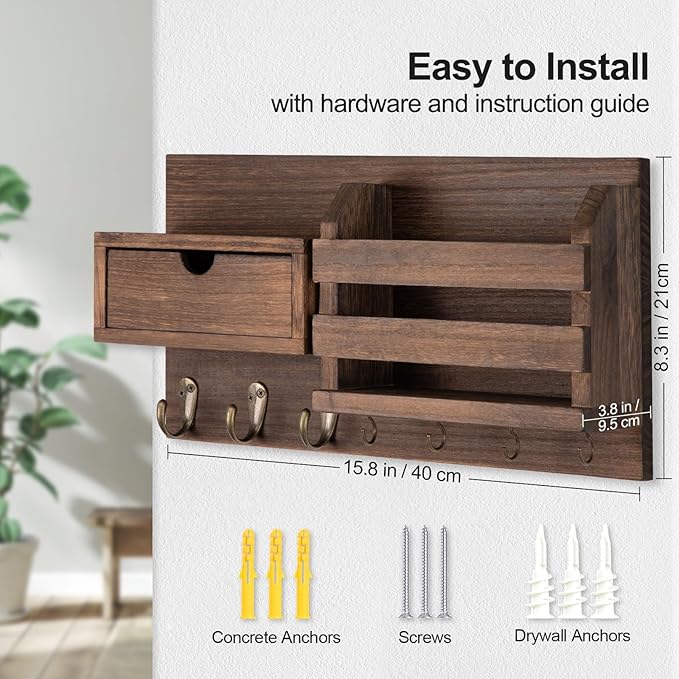 Wall Mount Key Holder with Mail Organizer, 100% Paulownia Wood, 7 Metal Hooks, Storage Drawer, Entryway Home Decor (Brown)