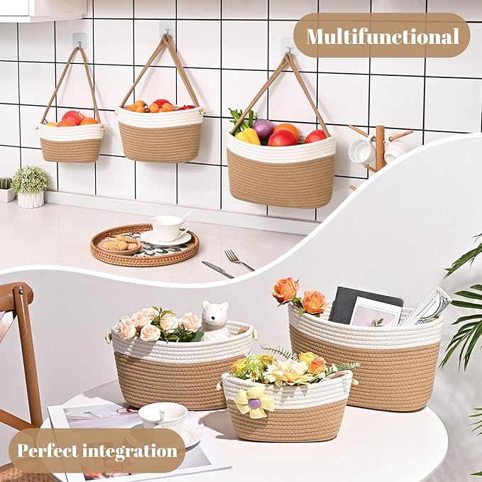 Hanging Storage Baskets, Over The Door Basket, Cotton Wall Baskets Storage, Hanging Door Basket with 4 Hooks