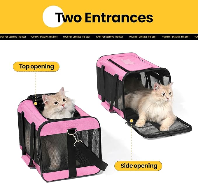 Conlun Cat Carrier Airline Approved, Soft-Sided Dog Carrier with Inner Safety Leash, Pet Transport Carrier for Small-Medium Cats Puppies up to 15 Lbs, Collapsible Travel Kitten Carrier Bag -Pink M