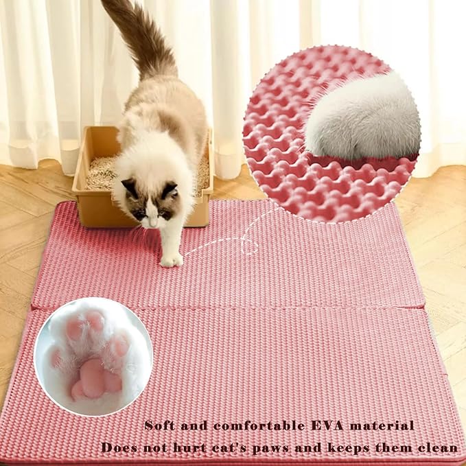 HCY&WLD Cat Litter Mat, Honeycomb Double Layer Cat Litter Trapping Mat, Waterproof Urine Proof Non-Slip, Scatter Control, Less Waste, Easier to Clean (Pink, 24" X 18")