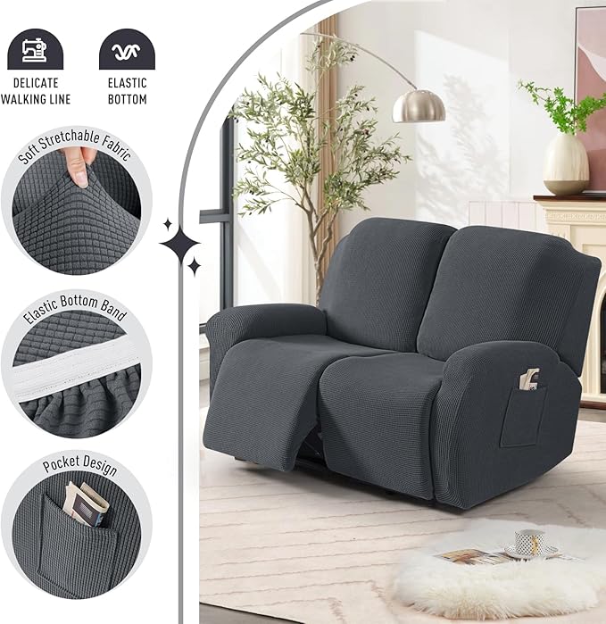 TAOCOCO Recliner Loveseat Slipcover, 6 Pieces Dual Recliner Sofa Covers for 2 Seat Dual Reclining Loveseat Couch, Stretch Soft Jacquard Pattern Furniture Protector with Elasticity (Charcoal Grey)