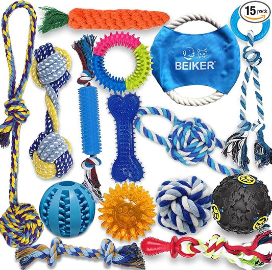 Beiker Dog Teething Chew Toys - 15 Pack Small Medium Breed Puppy Toy, Variety Dogs Rope Chew Toys Bundle for Boredom, Pet Interactive Squeaky Treat Dispensing Ball for Puppies