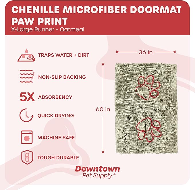 My Doggy Place Microfiber Dog Mat for Muddy Paws, 60" x 36" Oatmeal with Paw Print - Non-Slip, Absorbent and Quick-Drying Dog Paw Cleaning Mat, Washer and Dryer Safe - X-Large/Runner