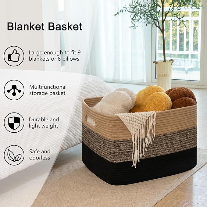 OIAHOMY 118L Extra Large Blanket Basket, Rectangle Woven Cotton Rope Storage Basket,Used for storing Dirty Clothes, Stuffed Animal Toy Storage for Living Room,Kids Room,25" x 17" x 16", Brown Black