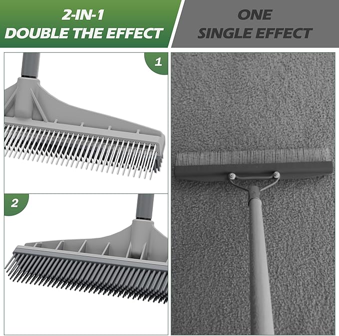 Walensee Rubber Broom, 2 in 1 Rubber Broom and Nylon Carpet Rake Brush for Pet Hair Removal, 61" Adjustable Long Handle, Carpet Hair Cleaning Tool for Fur Rug, Stairs and Mats - Washable, Durable