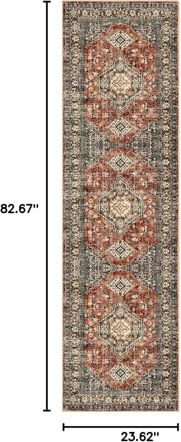 Lahome Oriental Washable Runner Rug Non Slip, 2x7 Rug Runners for Hallways Kitchen, Ultra-Thin Hallway Rugs for Laundry Room Bathroom Bedroom Eleanor, Brick Red