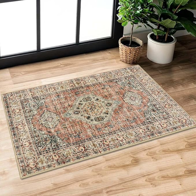 Lahome Oriental 2x3 Washable Rugs for Entryway, Soft Door Mat Indoor Entrance Small Kitchen Rugs Non Slip Ultra-Thin, Vintage Carpet for Bedroom Bathroom Eleanor, Peach/Orange