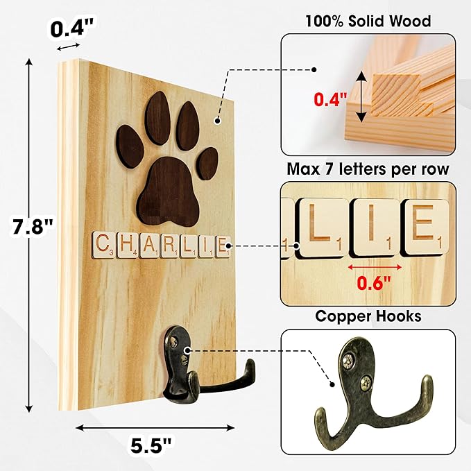 VINARTSVN Dog Leash Holder Wall Mount, Pet Harness Hanger with Scrabble Letters, Dog Collar Organizer for Entryway, Memorial Cat Leash Holder for Wall, Pet Loss Gifts, Keepsake, Home Decor PF212-NAT