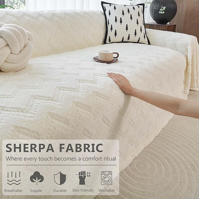 Sherpa Fleece Couch Cover for 3 Cushion Sofa, Beige, 71" x 134" - Pet Proof Sofa Covers Heavy Duty Scratch Resistant Pet Friendly Furniture Cover - Easy Install, Machine Washable