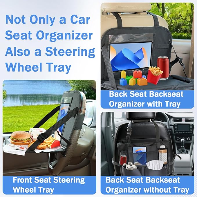 Backseat Car Organizer, Kick Mats Back Seat Protector with 8 Storage Pockets, Car Organizers and Storage with Car Food Tray Travel Accessories, 2 Pack