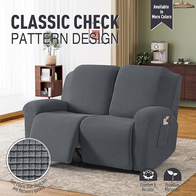 TAOCOCO Recliner Loveseat Slipcover, 6 Pieces Dual Recliner Sofa Covers for 2 Seat Dual Reclining Loveseat Couch, Stretch Soft Jacquard Pattern Furniture Protector with Elasticity (2XL, Charcoal Grey)