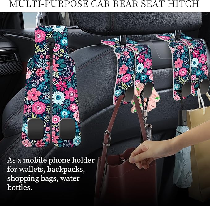 PU Leather Car Seat Hook, Storage Headrest Hanger, Cute Car Backseat Organizer, Car Hooks For Purses and Bags Pink Blue Flowers