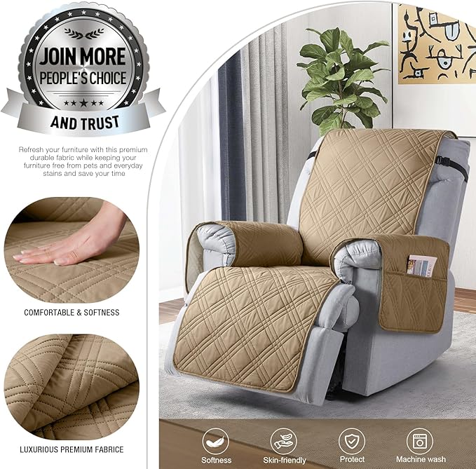 TAOCOCO 100% Waterproof Recliner Chair Cover Stay in Place, Recliner Covers for Small Recliner Chair with Pocket, Reclining Chair Cover Furniture Protector for Kids, Pets(20'', Camel)