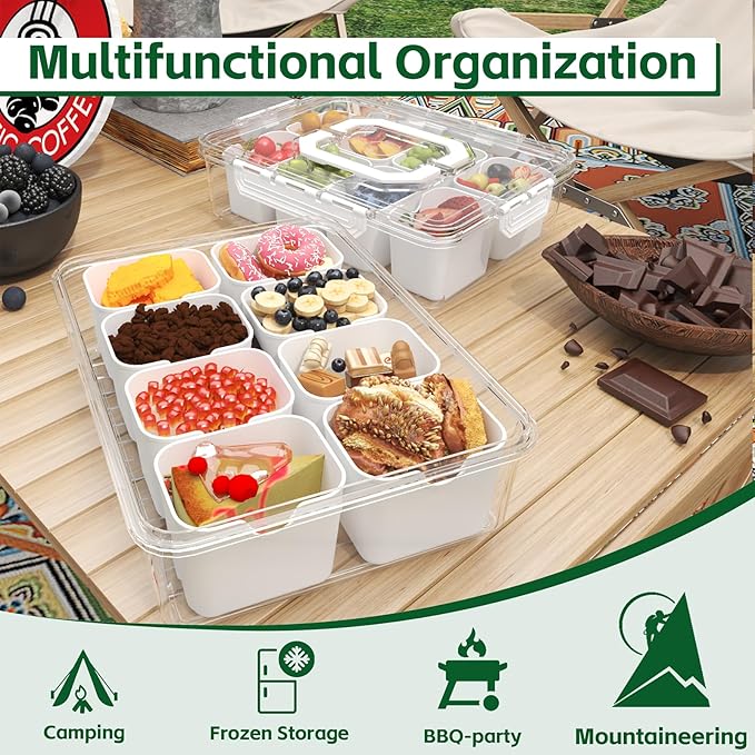 REBECAT Divided Serving Tray with Lid and Handles 8 Compartments Snack Box Container Charcuterie Organizer Snackle Box Container for Candy,Nuts，Fruits,Snacks,3 Pack,White