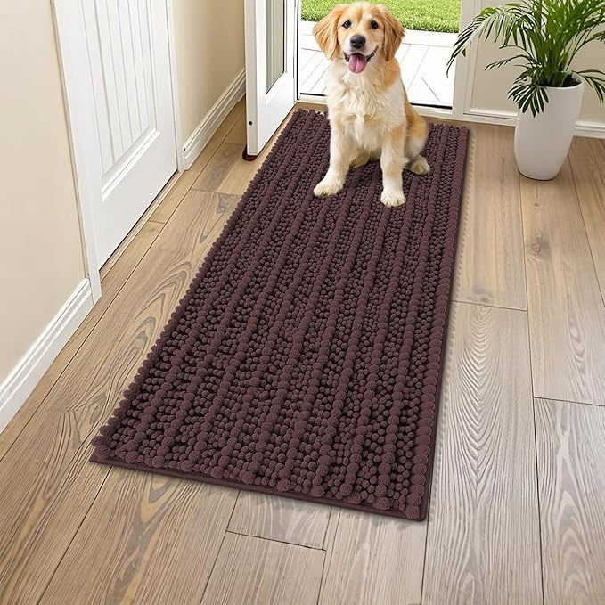 Smiry Dog Door Mat for Muddy Paws 47x20, Extra Soft Absorbent Chenille Doormat, Trap Moisture and Dirt, Non-Slip Machine Washable Front Door Mat for Indoor Entrance Inside Floor, Brown