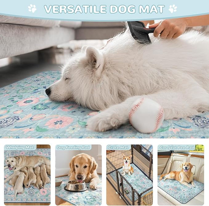 Lahome Washable Reusable Pee Pads for Dogs - Blue Botanical Floral 2 Pack Puppy Pads, Super Absorbent & Waterproof Dog Training Mats for Potty & Crate - Leakproof with Non-Slip Backing (24"x24")