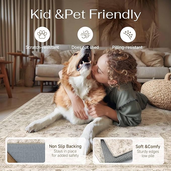 8x8 Washable Neutral Round Rug Beige Vintage Living Room Bedroom Circle Rug Non-Slip Soft Low Pile Farmhouse Indoor Carpet for Kitchen Dining Room Office