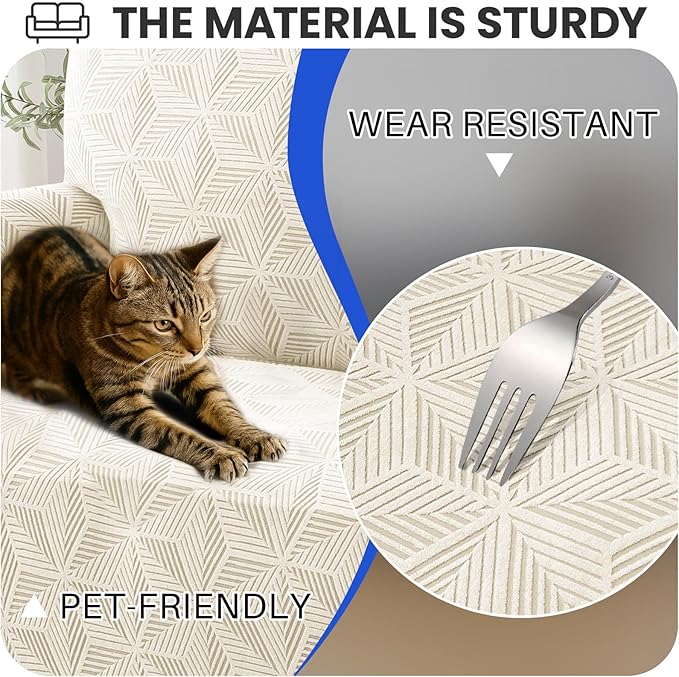 YEMYHOM 1 Piece Stretch Couch Covers for 2 Cushion Couch, Jacquard Loveseat Cover with Non-Slip Elastic Bottom, Thickened Slipcover Furniture Protector for Dogs Pets (Medium, Beige）