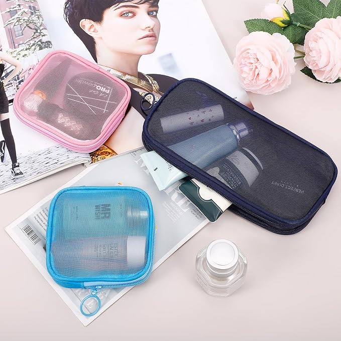 4 Pieces Mini Zipper Nylon Mesh Pouch, Mesh Cosmetic Bags Makeup Bags, Multipurpose Travel Toiletry Bags for Office Supplies and Travel Accessories (Navy Blue, M)