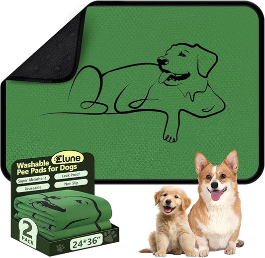 2 Pack Washable Pee Pads for Dogs 24"x36", Reusable Training Puppypads Absorbency Non-Slip & Leak-Proof for Pet Whelping Box Playpen Crate Sofa Bed Floors (Green)