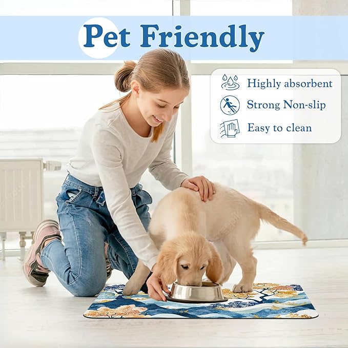Japanese Wave Tree Dog Food Mat–Absorbent Quick Dry Feeding Placemat for Food and Water Bowls, Non Slip Rubber Backing, Waterproof Pet Supplies for Mess-Free Eating 12"x20"
