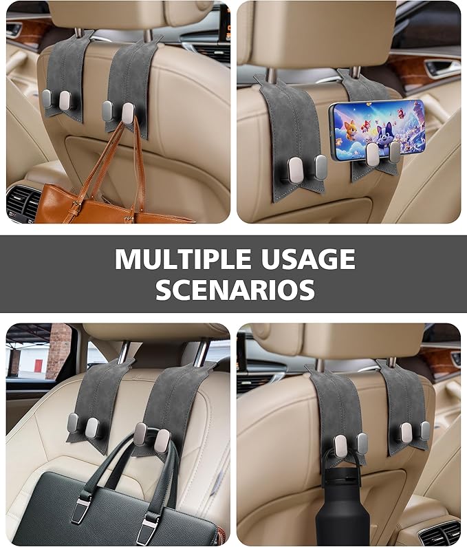 Car Hooks for headrest, 4 Pack seat Back Storage Hook Luxurious Leather 100.% Metal,car Hanger & Holder for heatrest,seat,Bag,Purse (Grey)