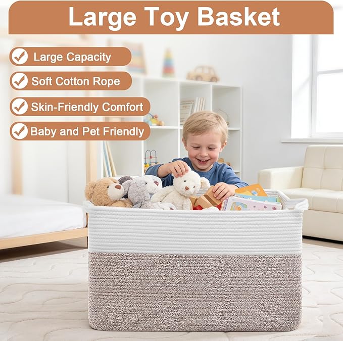 105L XXXL Large Blanket Basket, Rectangular Cotton Rope Basket, Laundry Hamper for Blankets, Pillows, Extra Large Toys Storage Bins for Kids, Dogs 25" x 16" x 16", White & Brown