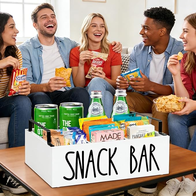 Snack Organizer for Countertop, Wood Pantry Storage Bins with Handles, Snack Bar Organizer for Pantry Shelf, Kitchen, 4 Compartment Food Container Snack Box, Pantry Organizer for Snacks, Chips(White)