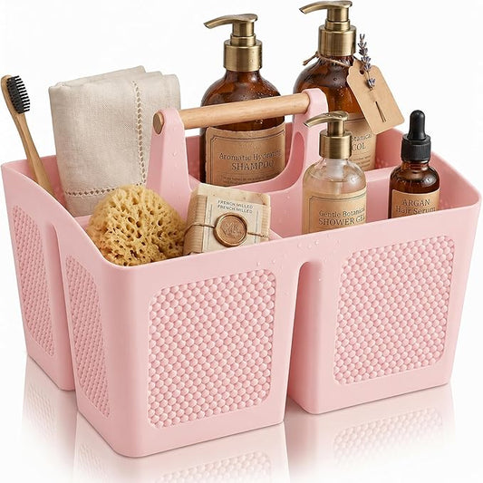 Haundry Portable Shower Caddy Basket with Handle, 3-Compartment Plastic Bathroom Organizer, Dorm Shower Basket for College Students, Quick Drain Storage Tote for Toiletries, Camping, Gym, RV