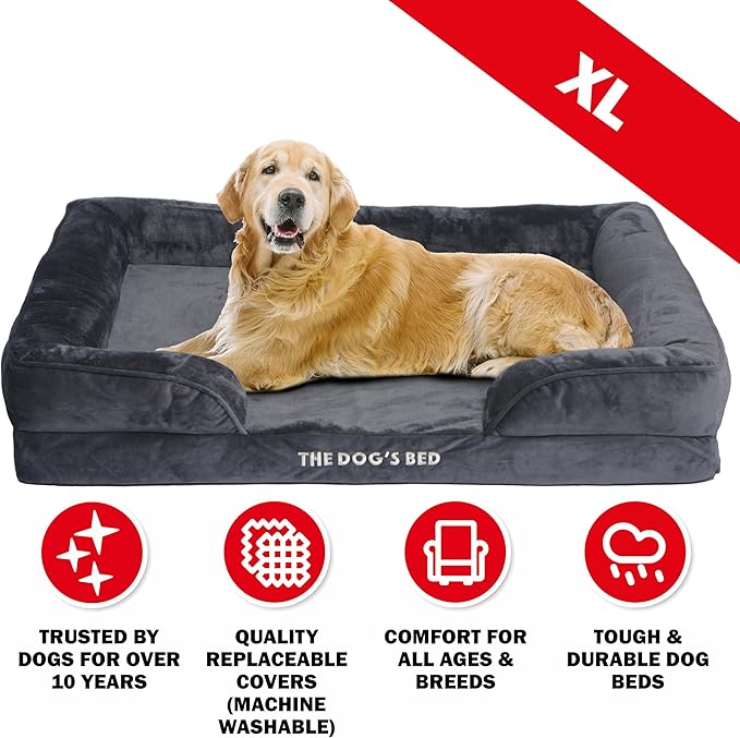 The Dog’s Bed, Orthopedic Standard Foam Waterproof Dog Bed with Standard Support, XL Grey Plush, Waterproof, Supportive Dog Bed with Replaceable Covers