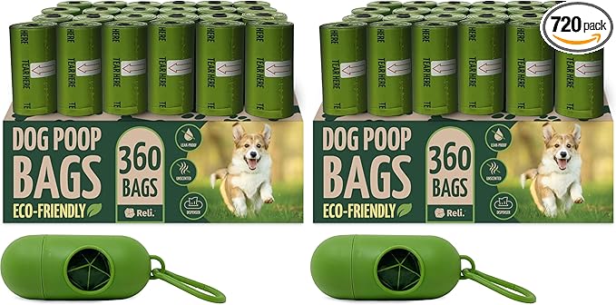 Reli. Biodegradable Dog Poop Bags w/Holder (360 Count - 24 Rolls) | 9x13" Large Dog Bags for Poop w/Dispenser | Green Eco-Friendly | Oxobiodegradable Pet Waste Disposal Refills (Unscented) (Pack of 2)