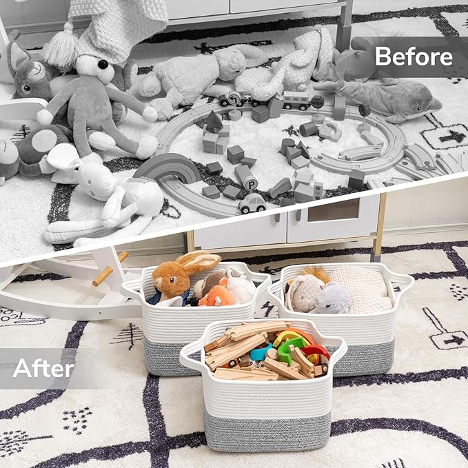 Goodpick Woven Storage Baskets for Organizing, Cotton Rope Organizer for Dog Toys Books, Rectangle Shoe Basket for Shelves, Stylish Gift Baskets Empty with Handles, 13"x10"x9", Blue