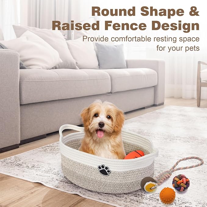 Dog Toy Easter Basket, Toy Box and Bin for Dog Cat Storage, 13.5" X 11" X 5" Small Woven Rope Basket for Baby Storage, Closet, Living Room, White & Brown