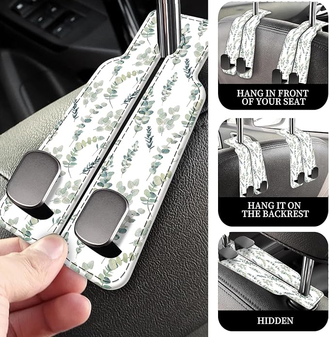 PU Leather Car Seat Hook, Storage Headrest Hanger, Cute Car Backseat Organizer, Car Hooks for Purses and Bags White Leaves