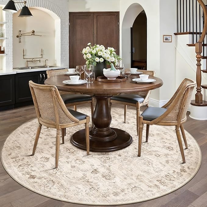 8x8 Washable Neutral Round Rug Beige Vintage Living Room Bedroom Circle Rug Non-Slip Soft Low Pile Farmhouse Indoor Carpet for Kitchen Dining Room Office