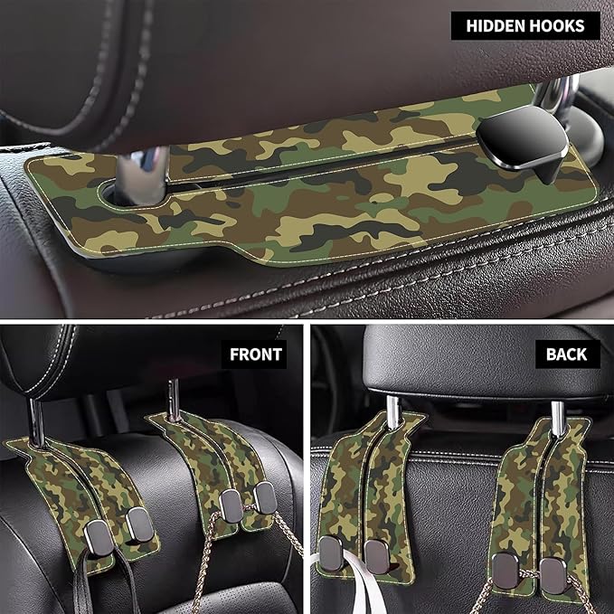 AEWNUNK Camouflage Car Headrest Purse Hanger Camo Hunting Forest 1 Pack Bag Purse Holder for Car Premium Leather Double Metal Hook for Handbags, Grocery Bags and Phones