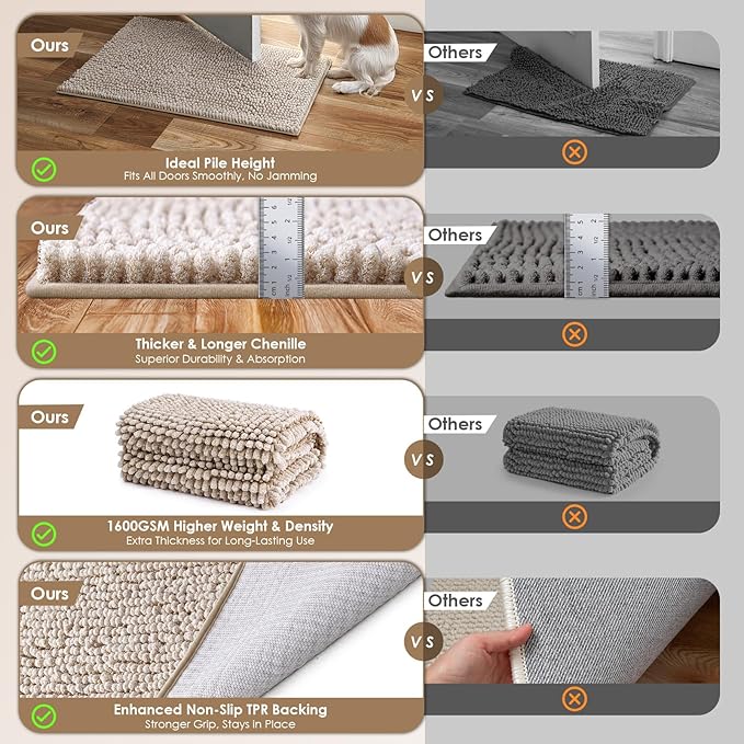 EHEYCIGA Super Absorbent Dog Door Mat for Muddy Paws 24x16 Inch Indoor, Front Doormat Outside Entrance, Quick Dry Chenille Washable Dog Crate Bed, Non-Slip Pet Rug Mud Mat Outdoor Entryway, Beige