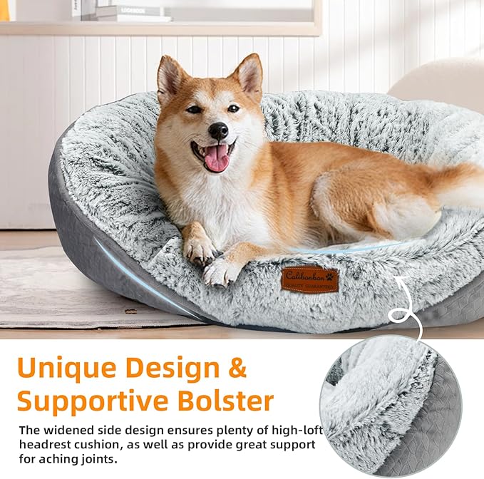 Long Fur Pet Bed for Medium Dogs, Plush Cat Bed with Bolster, Machine Washable Dog Bed with Non-Slip Waterproof Bottom, Orthopedic Support for Warmth & Security, 25x22 Inches