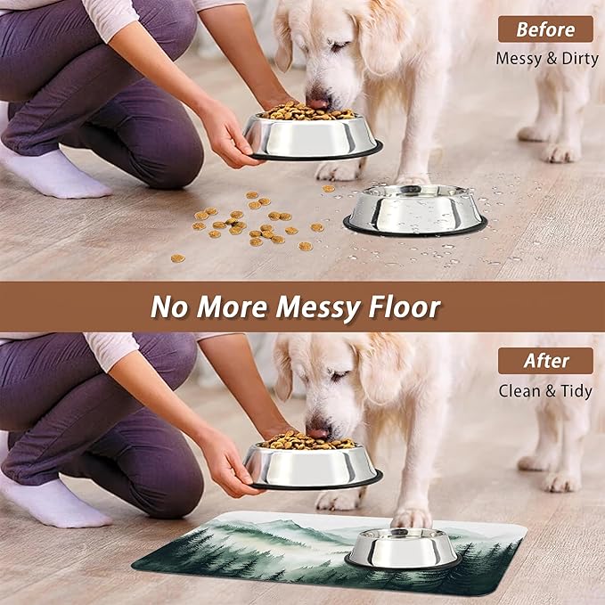 Misty Forest Mountain Dog Food Mat for Floors,Absorbent Quick-Dry Pet Feeding Mat,Cat Dog Bowl Mats for Food and Water,Non-Slip Pet Accessories Supplies 12"x20"